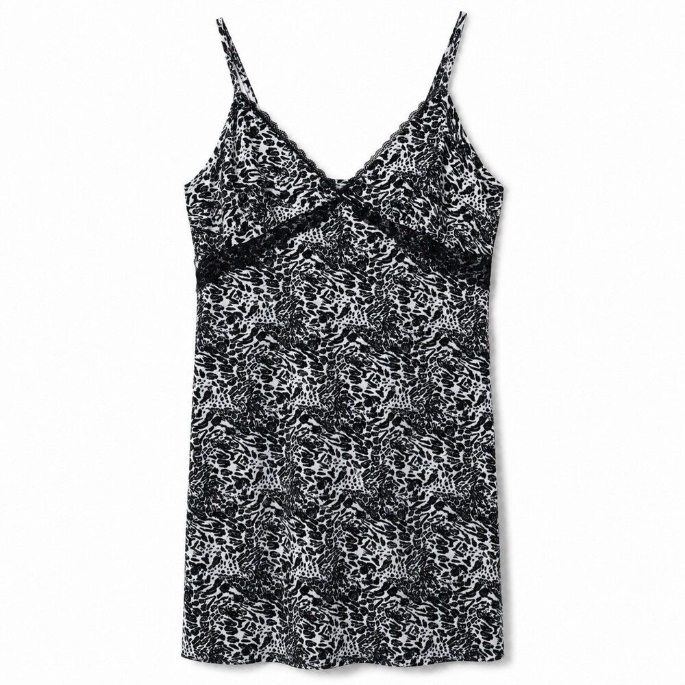 BCBGMAXAZRIA Dress Womens Large Black White Animal Print Lace Trim Slip Y2K